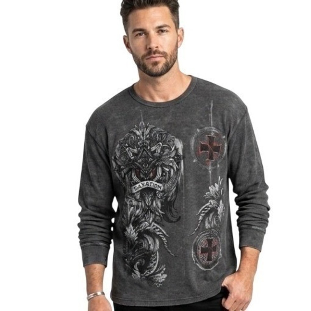 MMA Elite Shirt Mens 2XL Gray Salvation Cross Graphic Thermal Long Sleeve Casual